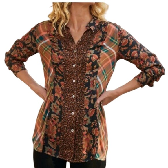 Soft Surroundings Top Tunic Patchwork Flannel Leopard Plaid Floral Button Down M - Picture 1 of 13